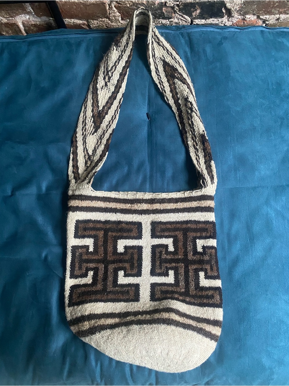 Womens Geometric Pattern Shoulder Bag Woven Accents Beige Brown Black